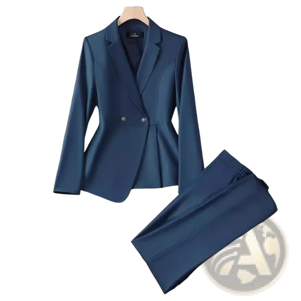 Navy blue women plus size double breasted blazer suit with peplum hem and silver buttons in formal fabric