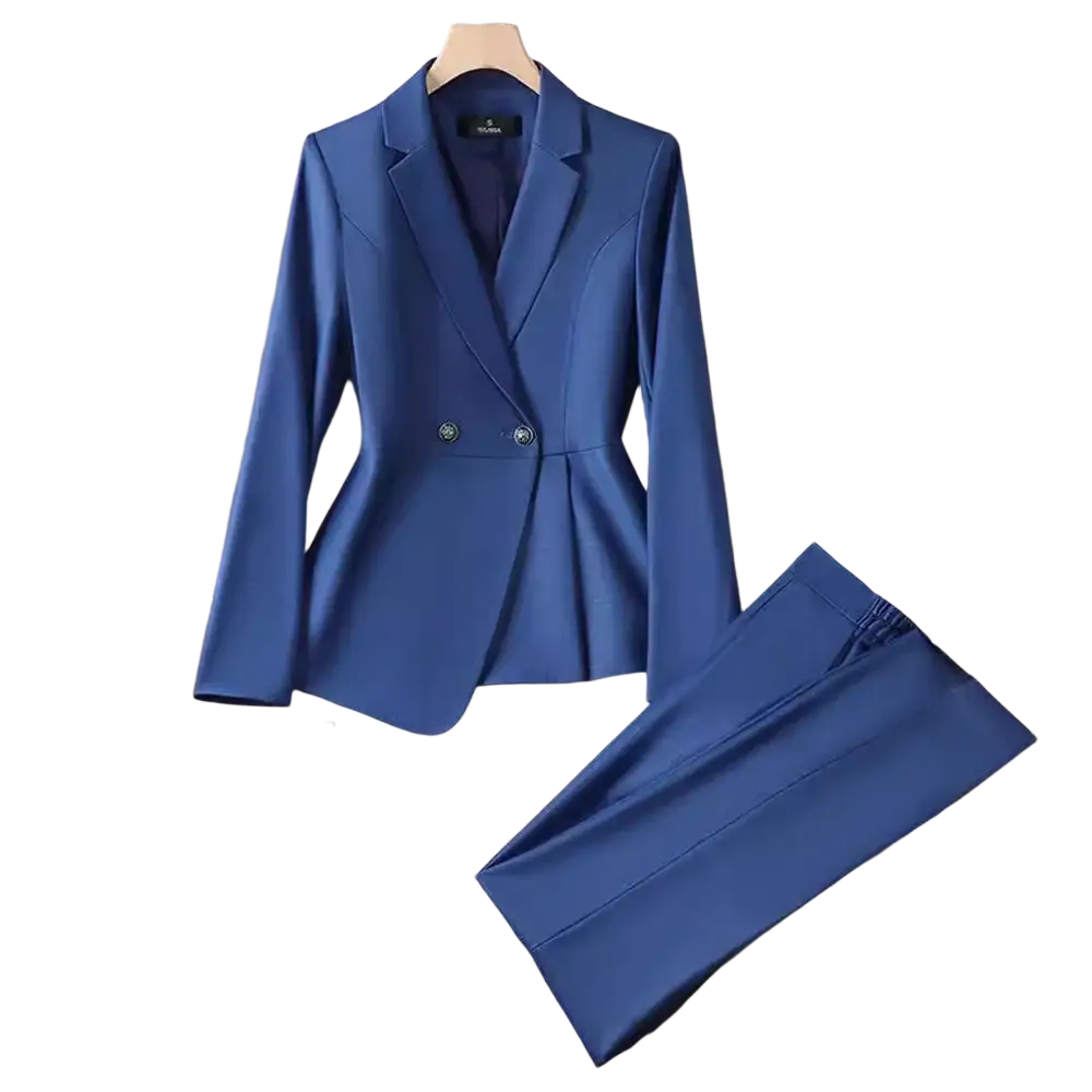 Women plus size double breasted royal blue blazer suit with tailored fit and peplum hem for formal occasions
