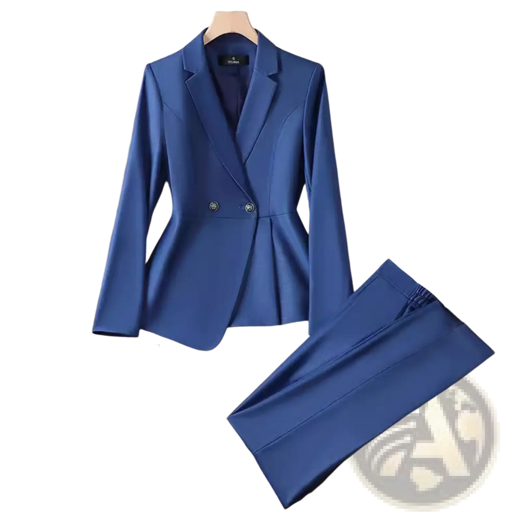 Women plus size double breasted royal blue blazer suit with tailored fit and peplum hem for formal occasions