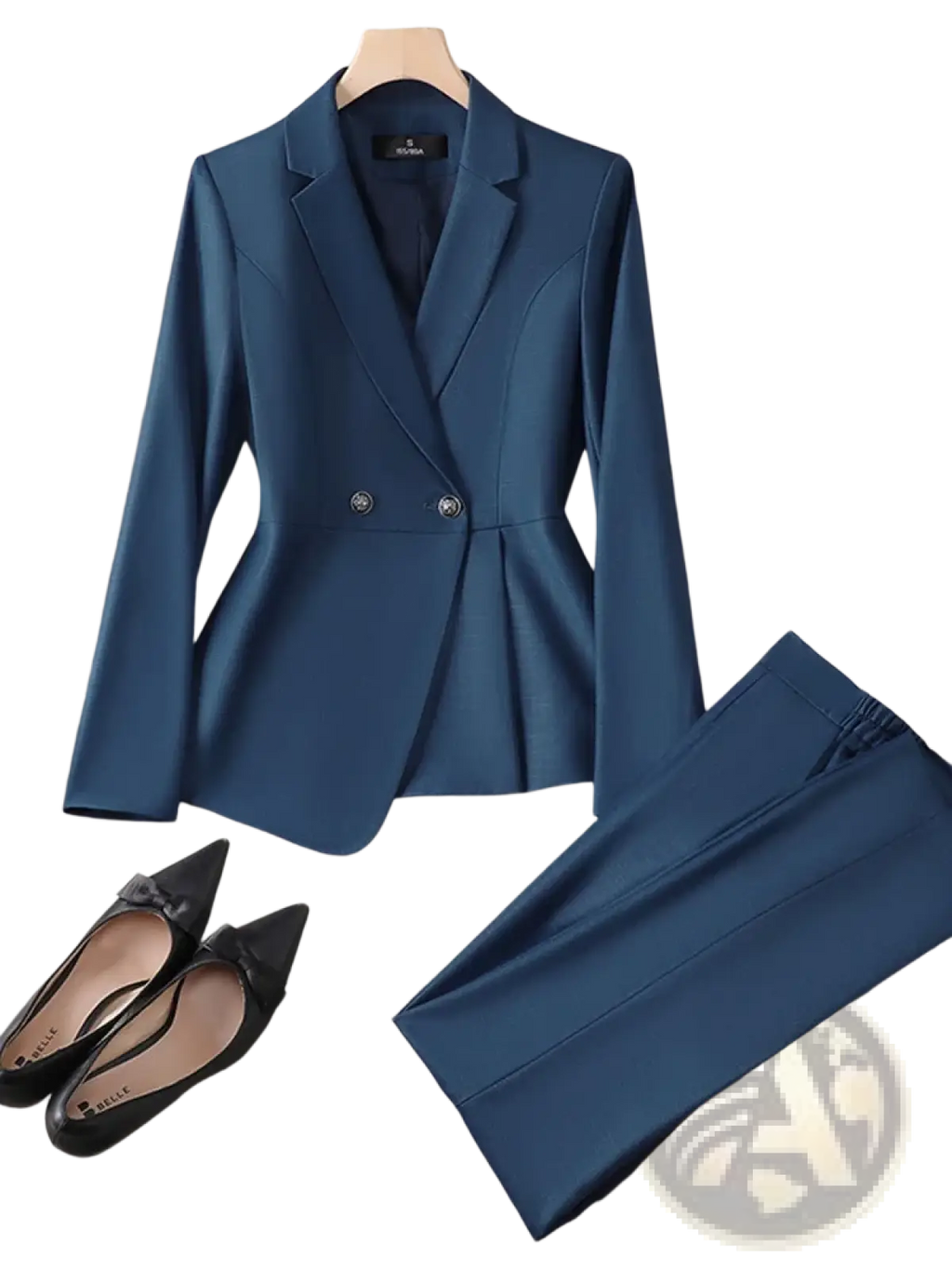 Women plus size navy blue double breasted blazer suit with peplum hem and silver buttons for formal wear