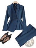 Women plus size navy blue double breasted blazer suit with peplum hem and silver buttons for formal wear