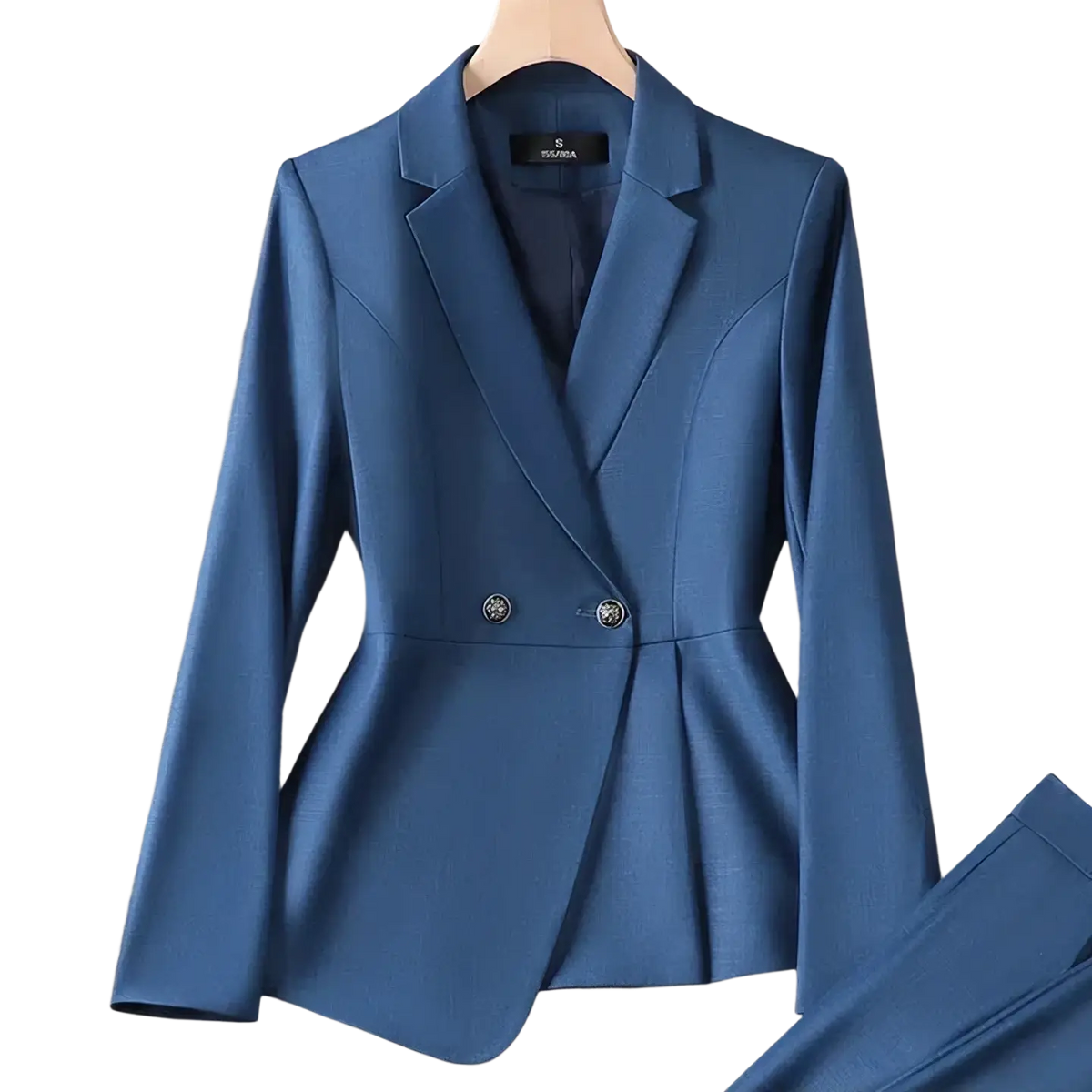Women plus size double breasted blazer suit in tailored blue with notched lapel decorative buttons and peplum hemline