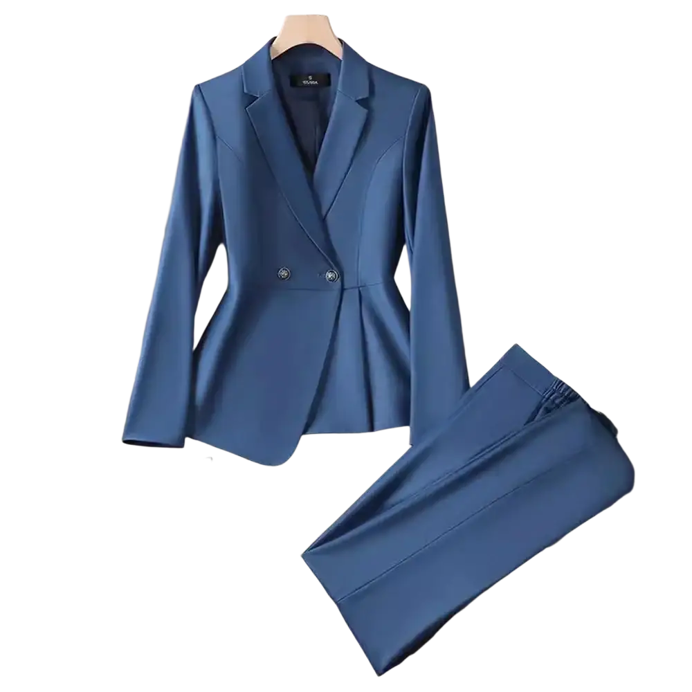 Women plus size tailored blue double breasted blazer suit with notched lapels and silver front buttons