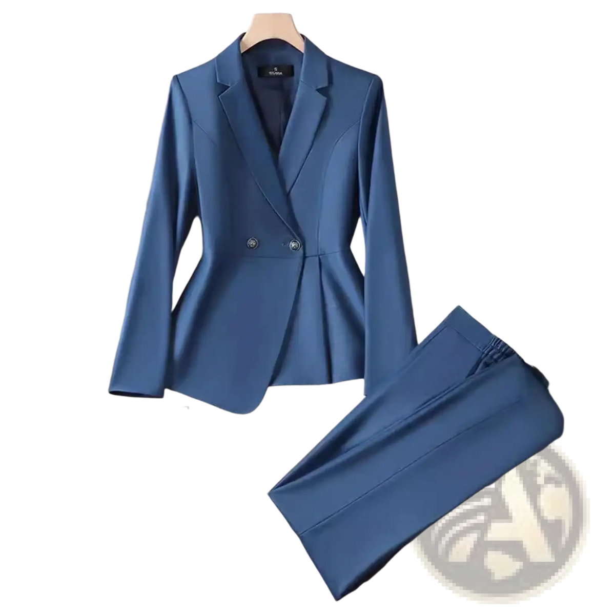 Women plus size tailored blue double breasted blazer suit with notched lapels and silver front buttons