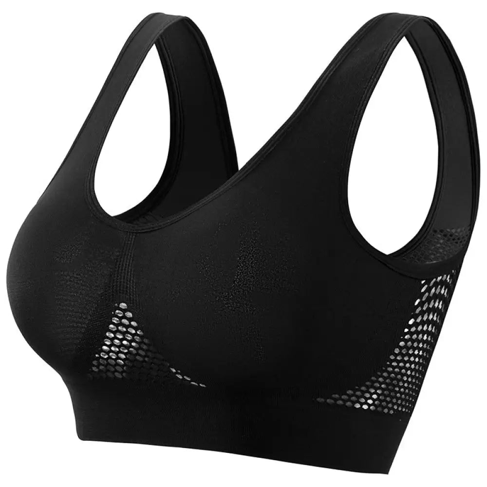 Black seamless plus size sports bra with moisture wicking fabric and mesh panels on the sides for breathability