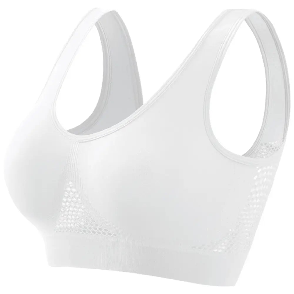 White seamless plus size sports bra with moisture wicking mesh panels for enhanced breathability and comfort