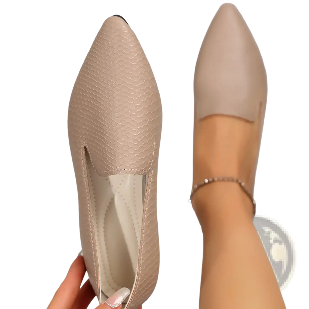 Beige leather women pointed toe loafers flats with snakeskin pattern slip-on design and low heel