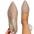Beige leather women pointed toe loafers flats with snakeskin pattern slip-on design and low heel