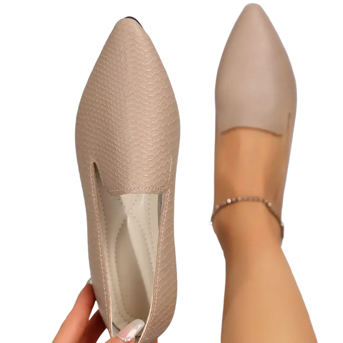 Beige leather women pointed toe loafers flats with snakeskin pattern slip-on design and low heel