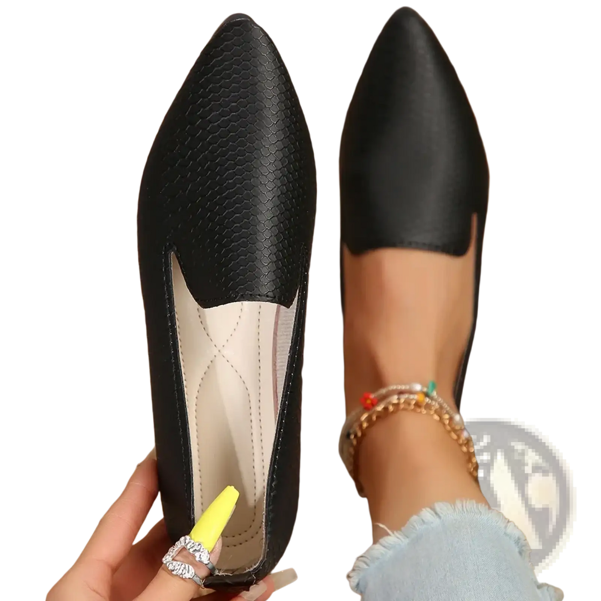 Women pointed toe leather loafers flats in black snake skin texture with white interior lining and pointed toe design