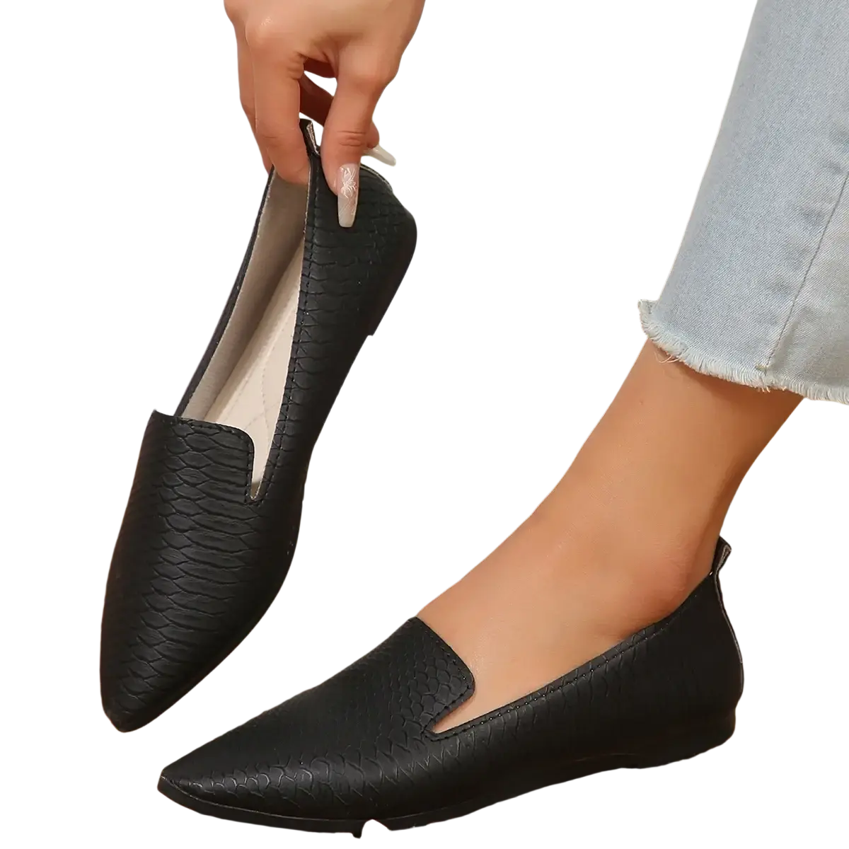 Black snakeskin textured women pointed toe leather loafers flats with sleek pointed toe design