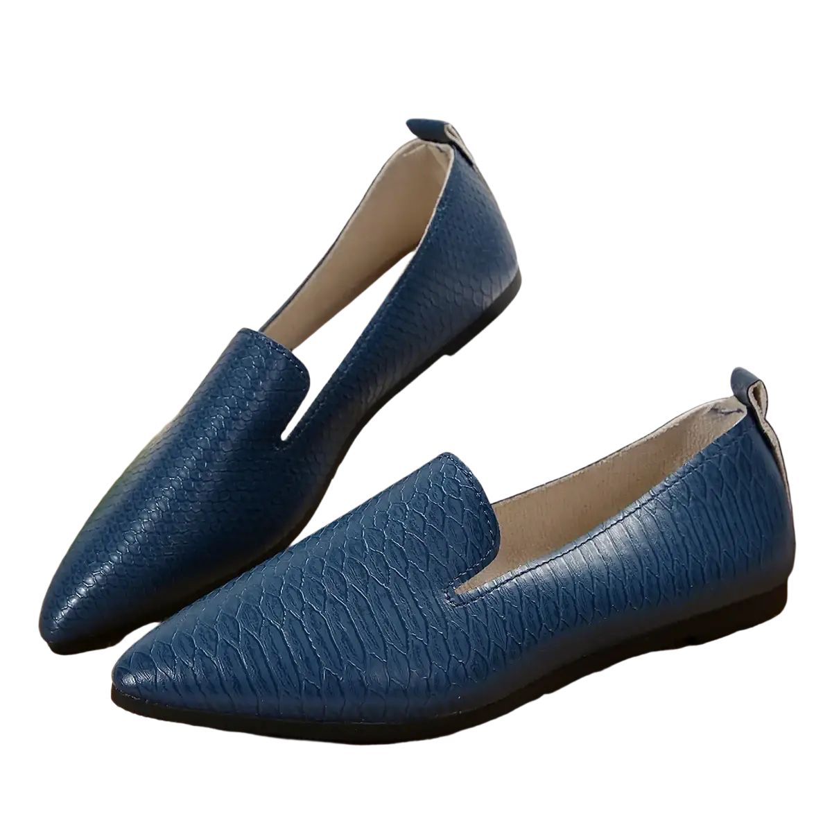 Women pointed toe leather loafers flats in blue crocodile-textured leather with a sleek pointed toe design