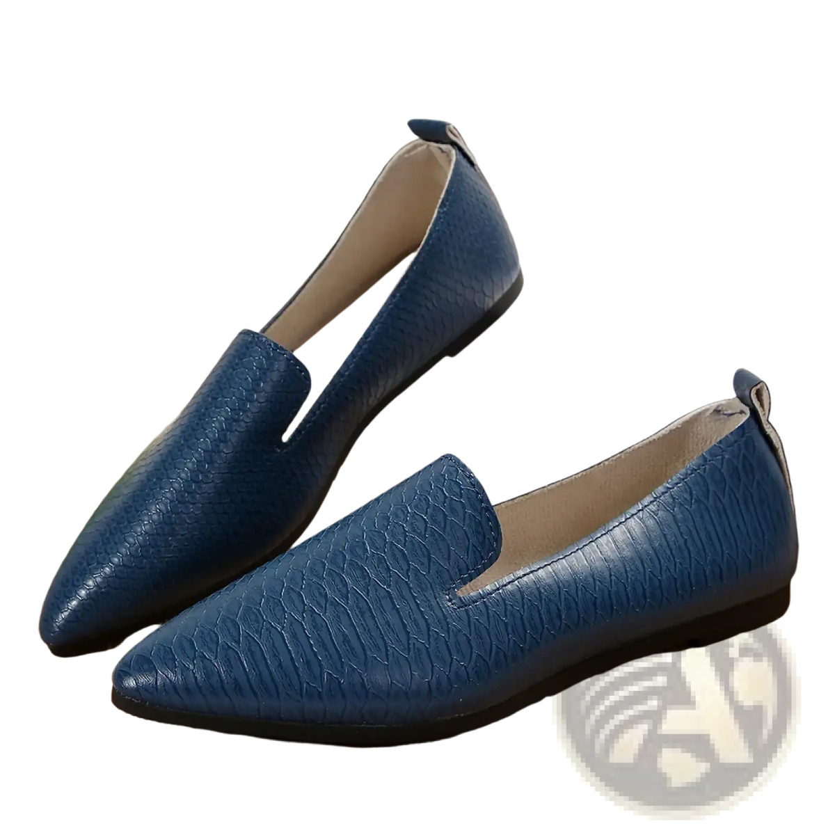 Women pointed toe leather loafers flats in blue crocodile-textured leather with a sleek pointed toe design