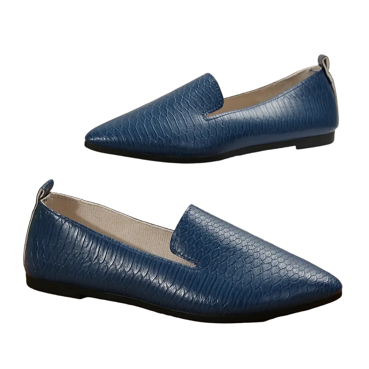 Women pointed toe leather loafers flats in blue snakeskin-patterned leather with a sleek pointed toe design