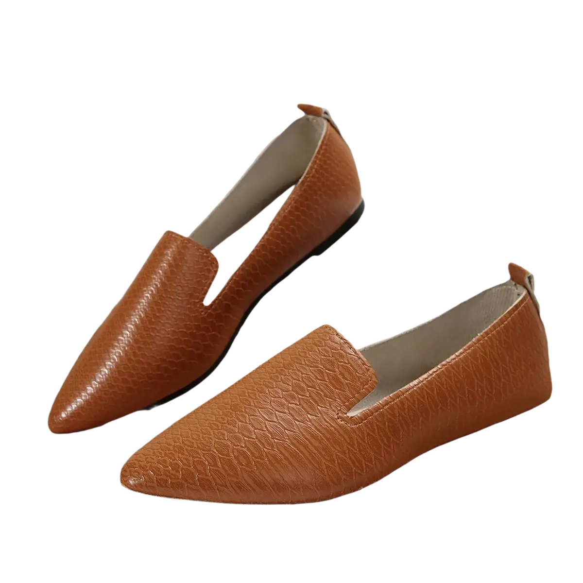 Women pointed toe leather loafers flats in tan crocodile-patterned leather with black soles for stylish comfort