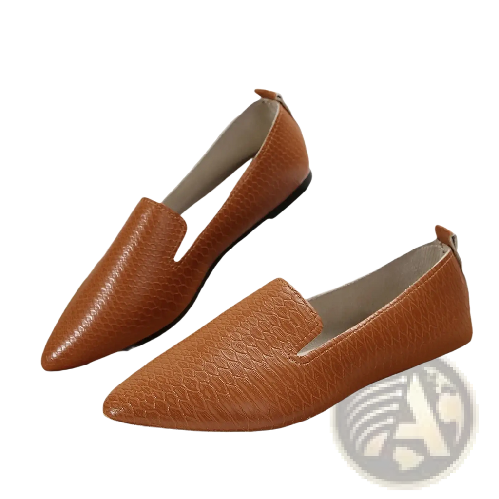 Women pointed toe leather loafers flats in tan crocodile-patterned leather with black soles for stylish comfort