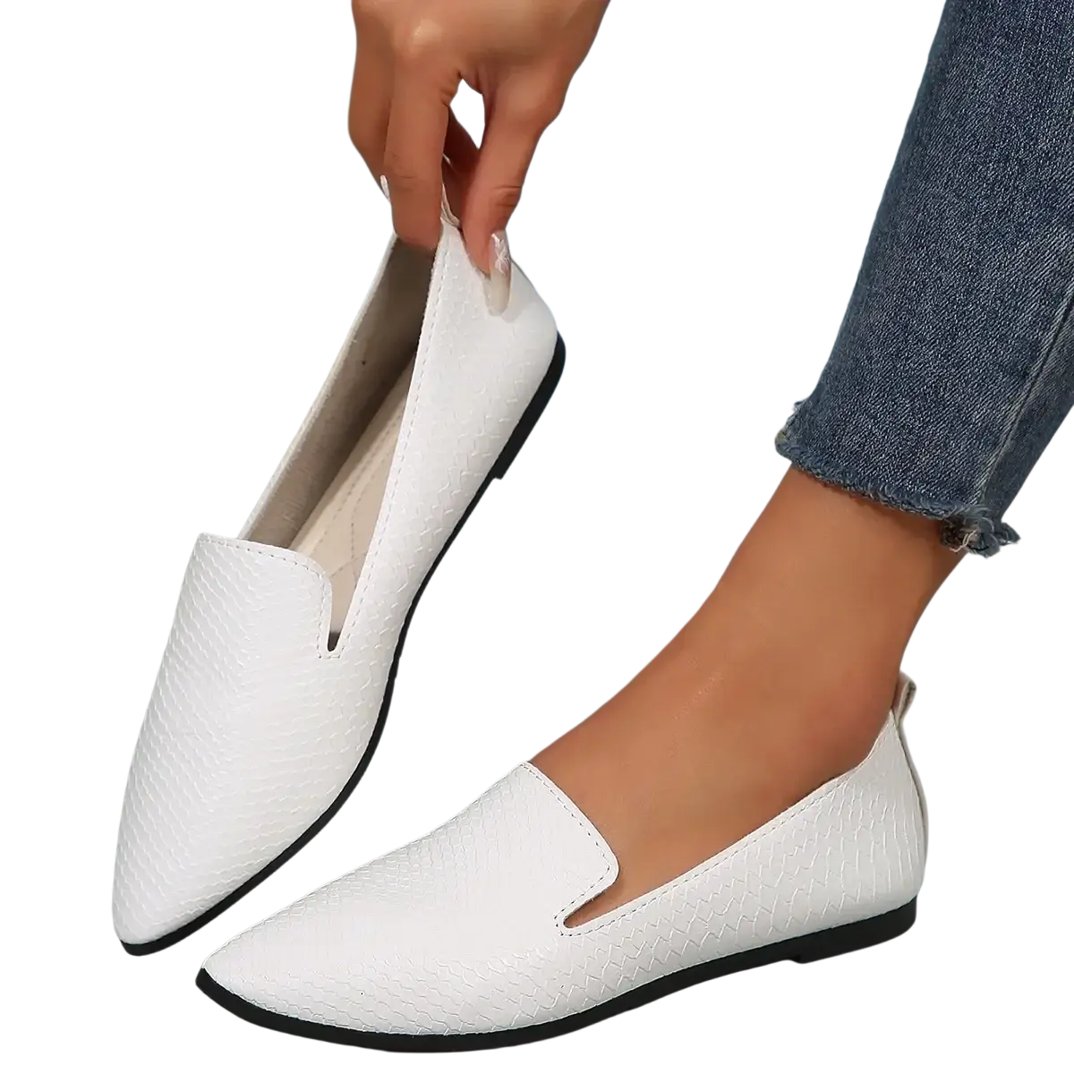 White textured leather pointed toe loafers for women with black soles and slip-on design flats