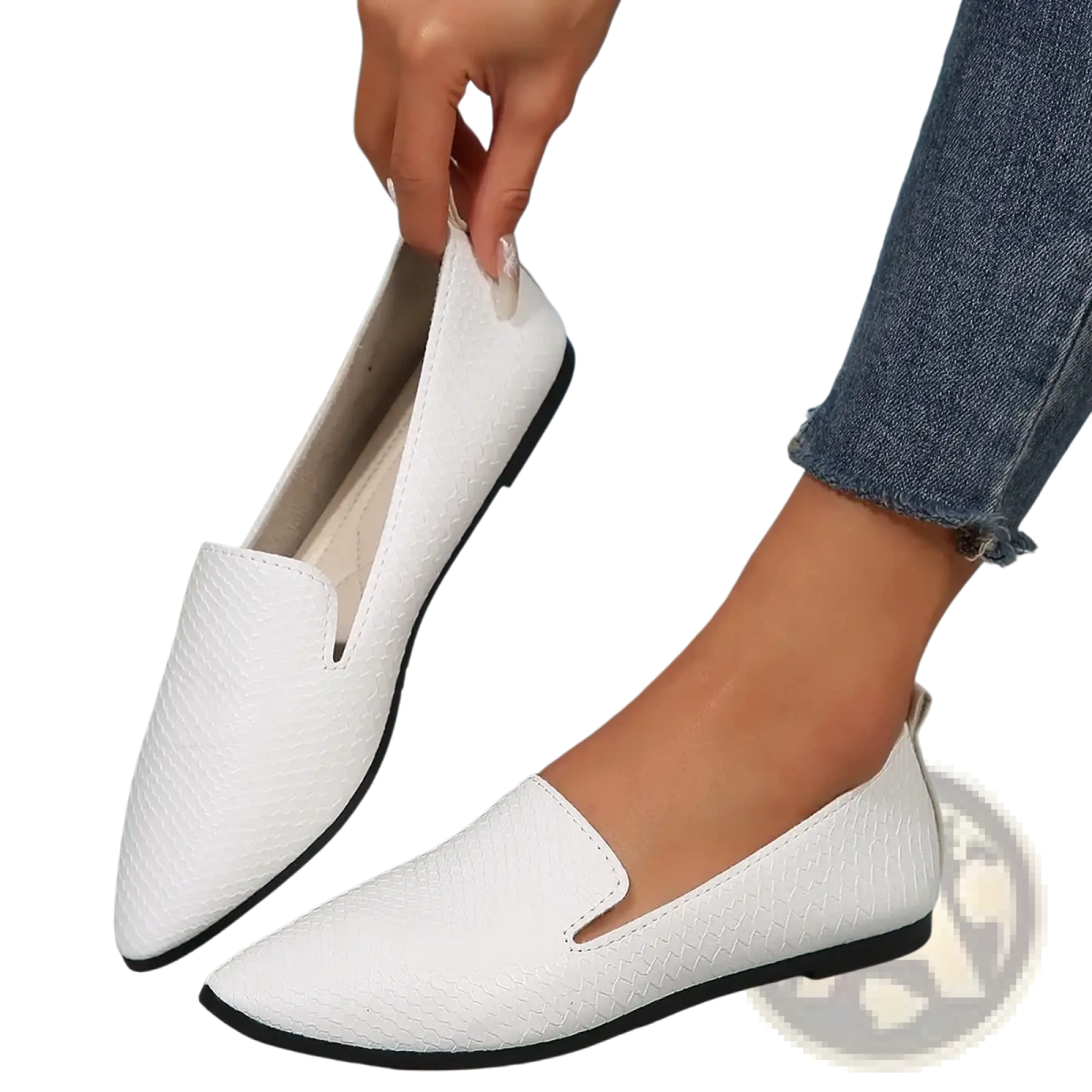 White textured leather pointed toe loafers for women with black soles and slip-on design flats