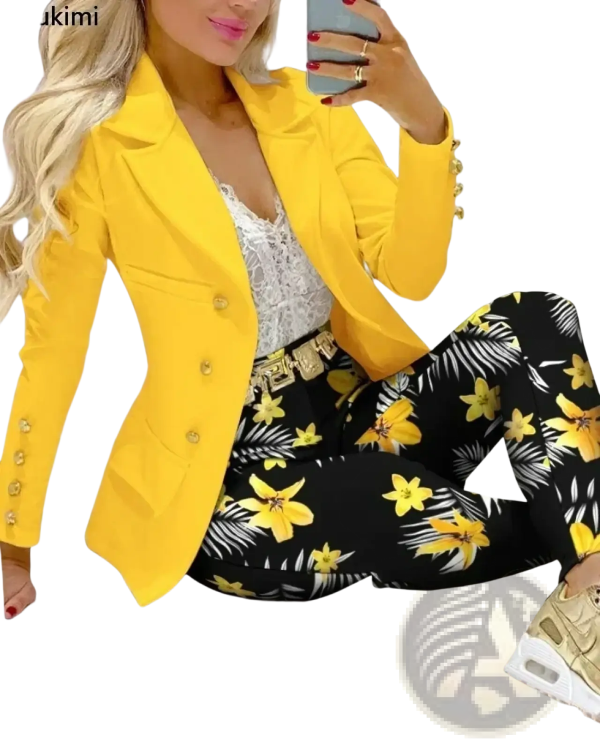 Bright yellow tailored women printed pant suit set blazer with gold buttons for formal office wear