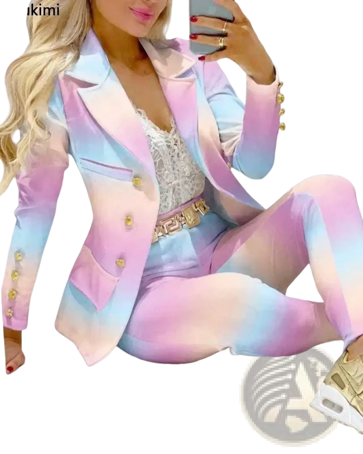 Women printed pant suit set with pastel gradient blazer and matching pants featuring gold buttons for formal office wear