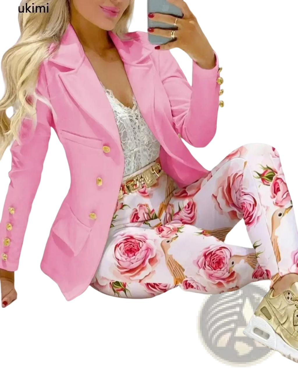 Pink double-breasted blazer with gold buttons in women printed pant suit set for formal office wear