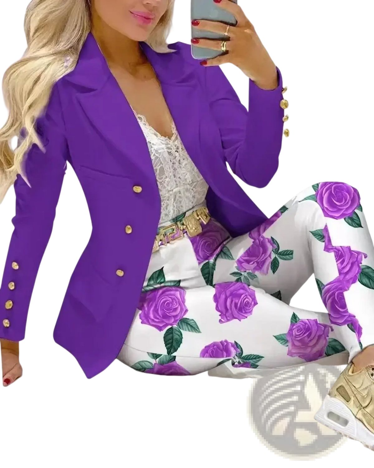 Purple double-breasted women printed pant suit set formal office blazer with gold buttons in tailored fabric