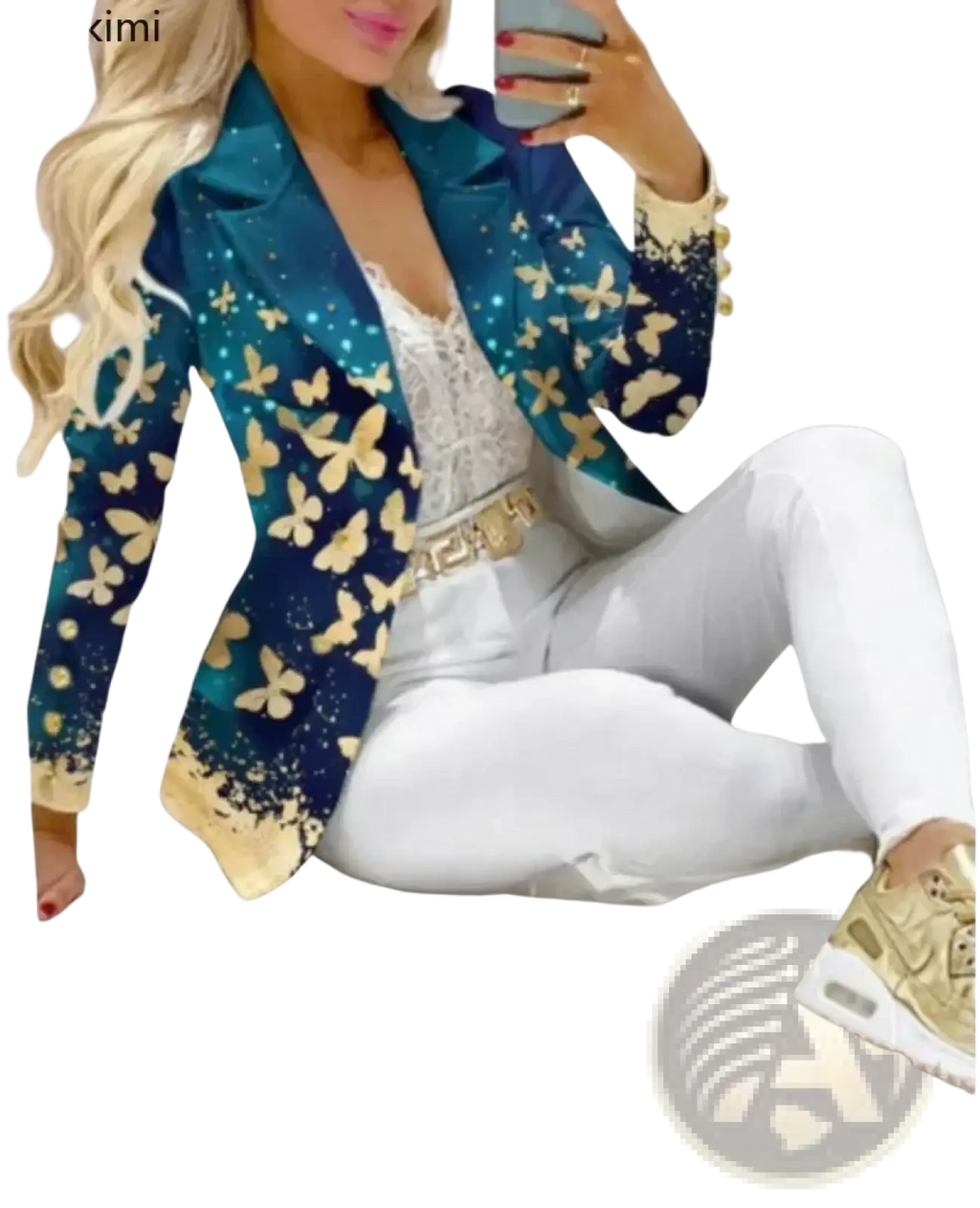 Women printed pant suit set formal office blazer in teal and gold with butterfly pattern and gradient effect