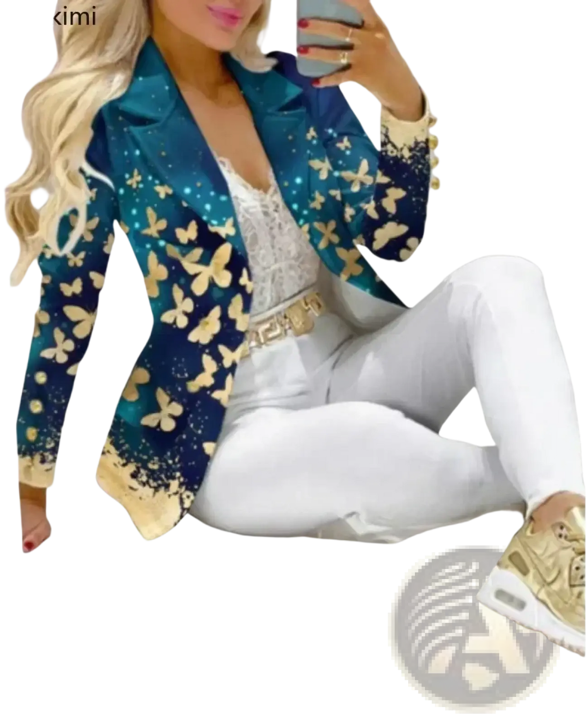 Women printed pant suit set formal office blazer in teal and gold with butterfly pattern and gradient effect
