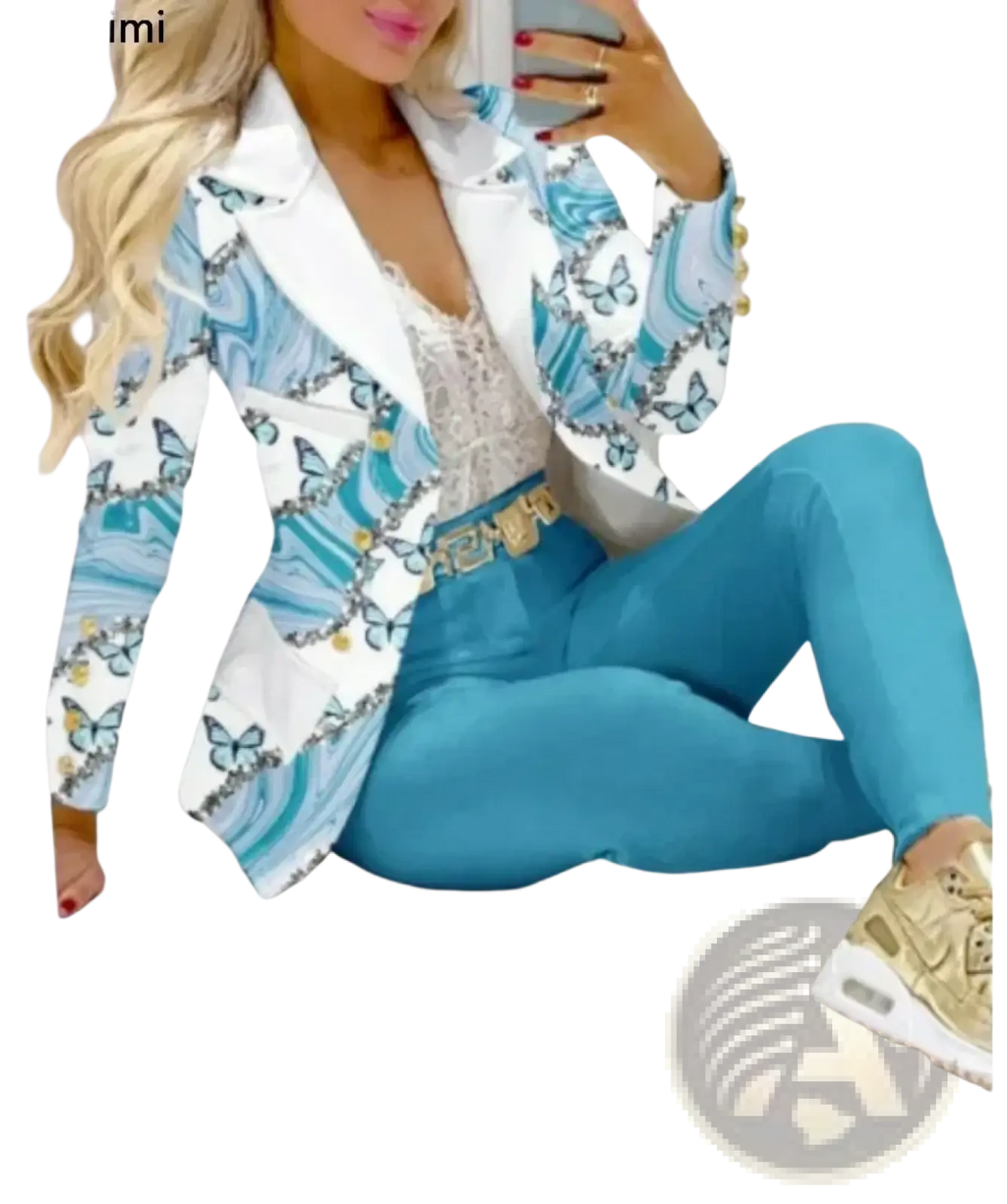White blazer with blue butterfly and chain print featuring a structured design in women printed pant suit set for office