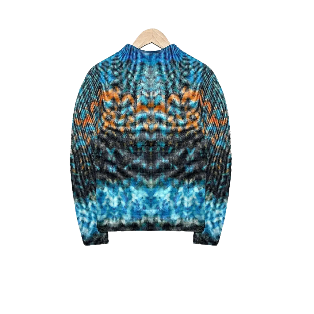 Women printed slim fit long sleeve top in vibrant blue and orange geometric-patterned knit with ribbed crew neck