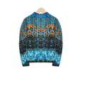 Women printed slim fit long sleeve top in vibrant blue and orange geometric-patterned knit with ribbed crew neck