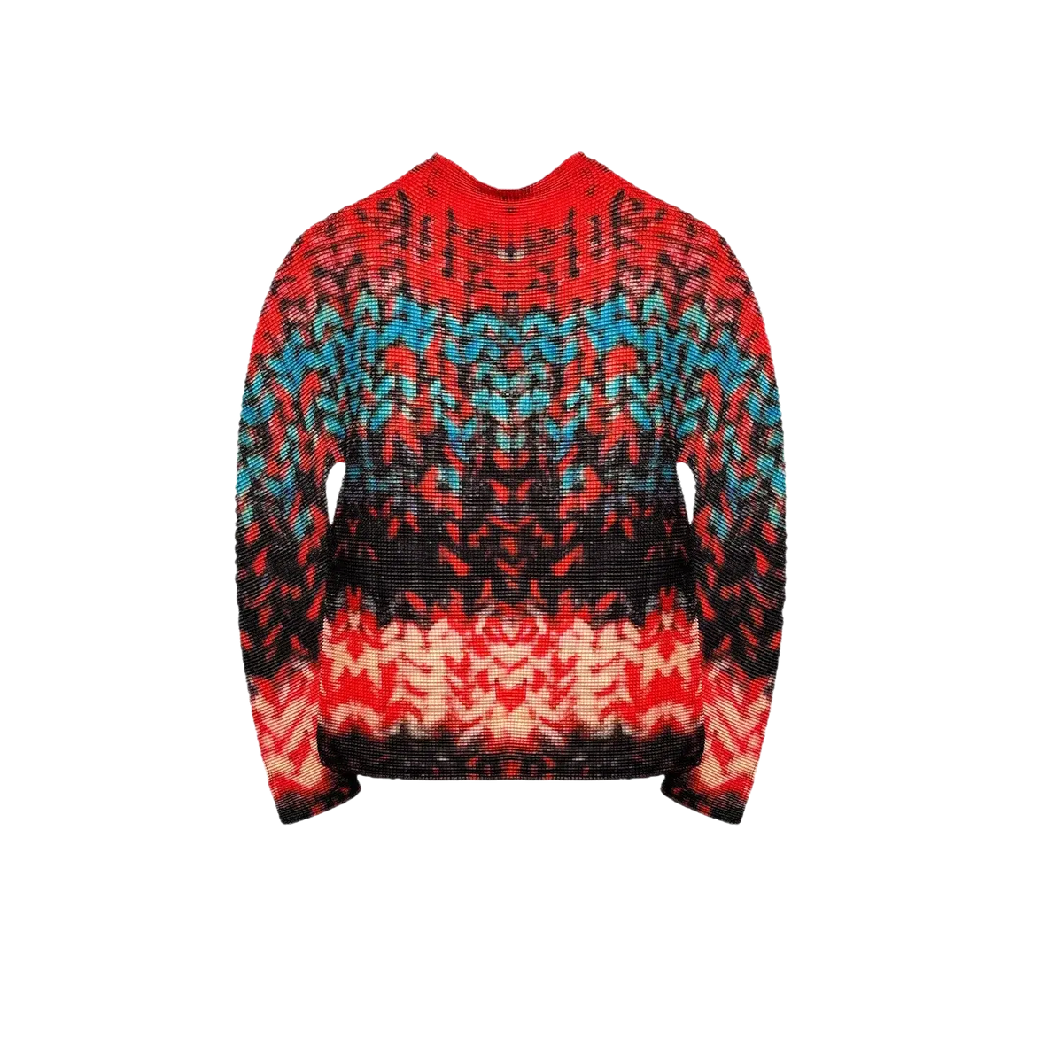 Women printed slim fit long sleeve top knit sweater in vibrant red teal and black with bold geometric pattern