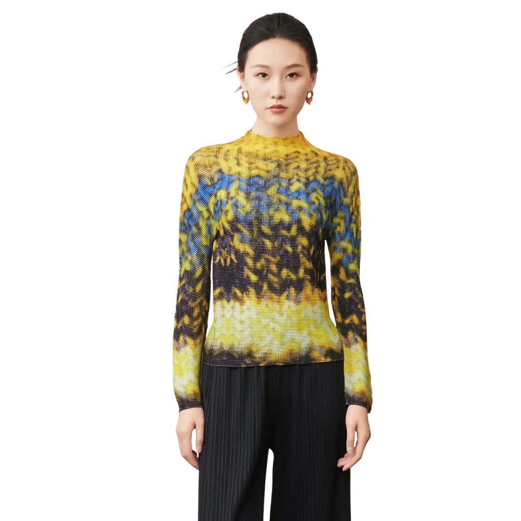 Women printed slim fit long sleeve top with high neckline and textured gradient pattern in yellow blue and black