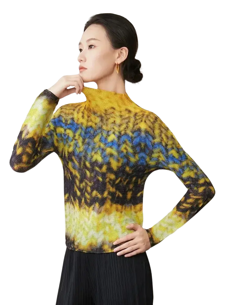 Women printed slim fit long sleeve turtleneck top with vibrant yellow blue gradient and black accents