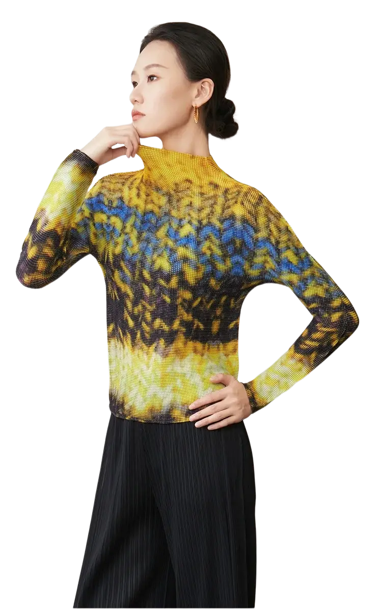 Women printed slim fit long sleeve top with a vibrant yellow and blue gradient turtleneck and black accents