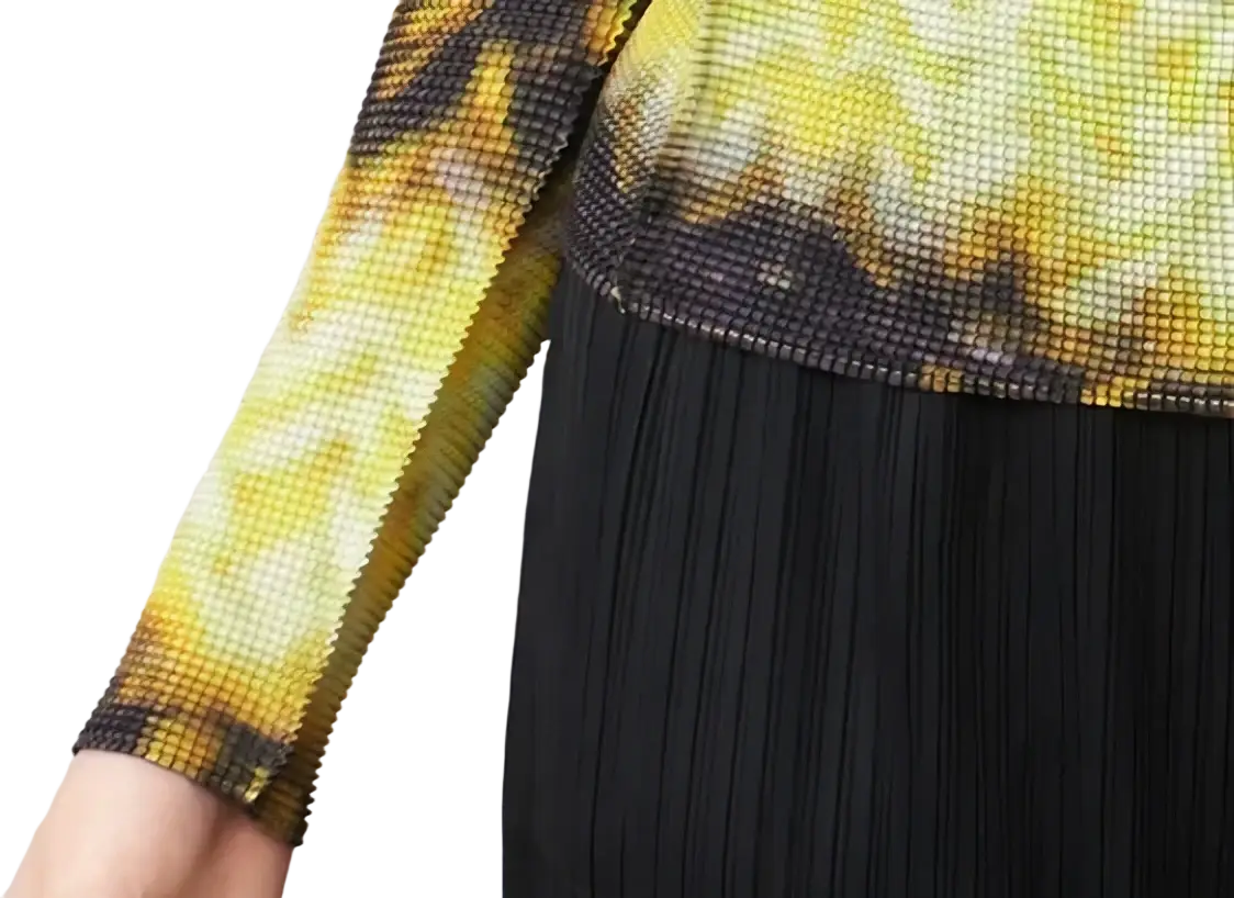Women printed slim fit long sleeve top featuring a vibrant yellow and black tie-dye mesh sleeve with textured grid pattern