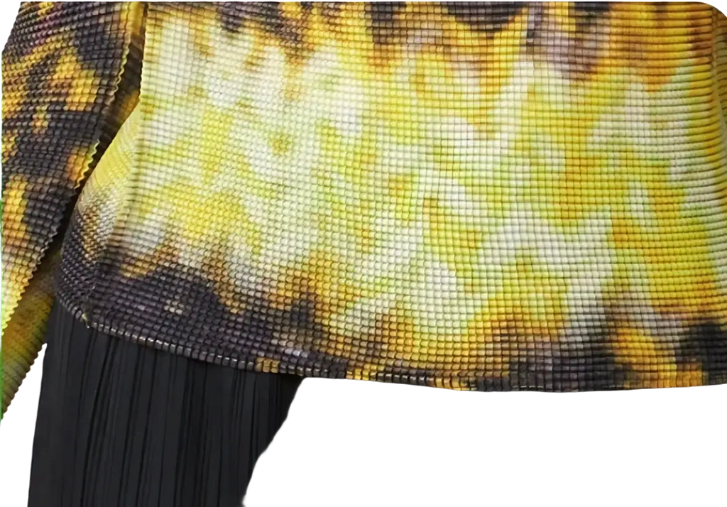 Women printed slim fit long sleeve top in vibrant yellow and black tie-dye mesh with textured grid pattern