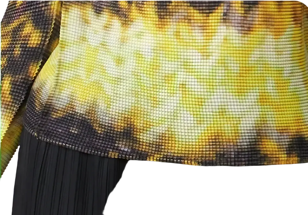 Women printed slim fit long sleeve top in vibrant yellow and black tie-dye mesh with textured grid pattern