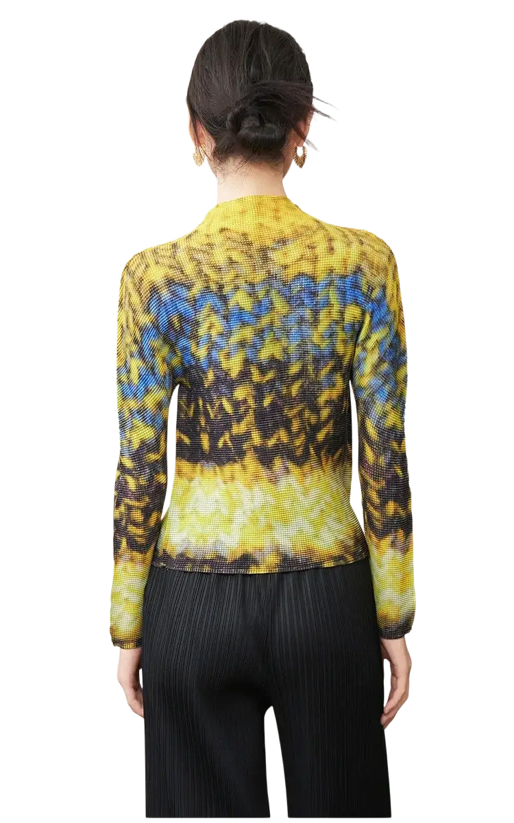 Women printed slim fit long sleeve top in vibrant yellow and blue gradient knit with a textured patterned design