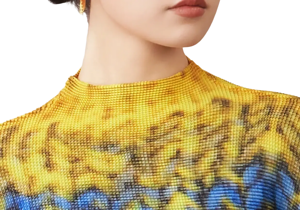 Women printed slim fit long sleeve top in vibrant yellow and blue patterned textured mesh-like fabric