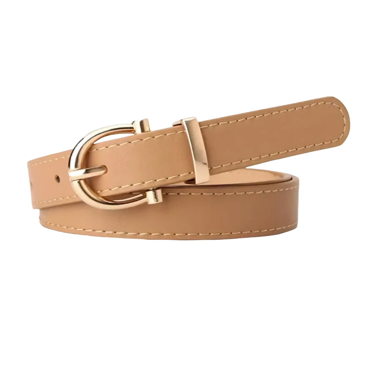 Beige pu leather women belt with gold-toned d-ring buckle and matching stitching for waistbands