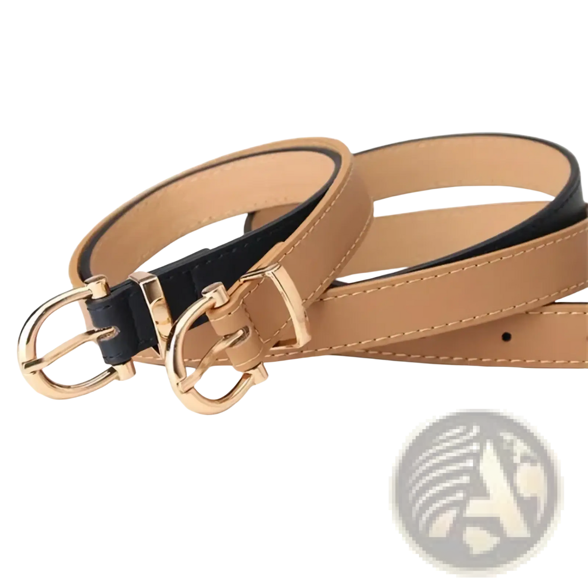 Beige and black dual-tone women pu leather belt with gold-toned d-ring buckles for stylish waistbands