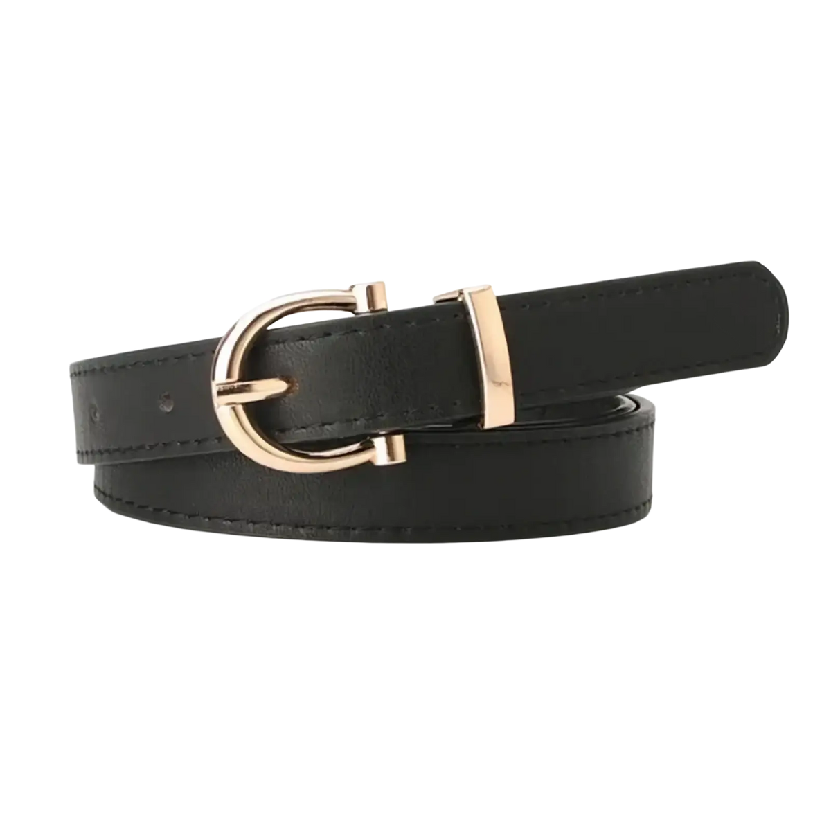 Black PU leather women belt with a gold-toned d-ring buckle for stylish waistband use
