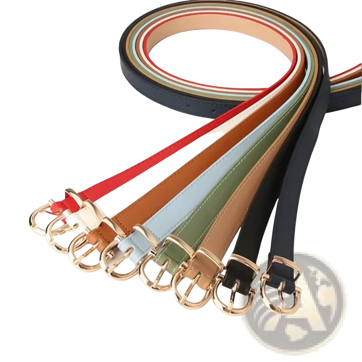 A collection of slim colorful women PU leather belts with gold buckle waistbands