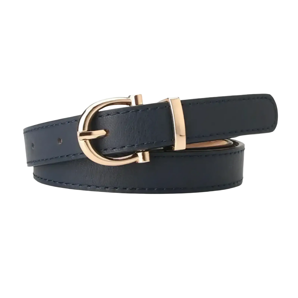 Dark blue women pu leather belt with a gold-toned buckle for stylish waistbands and accessories