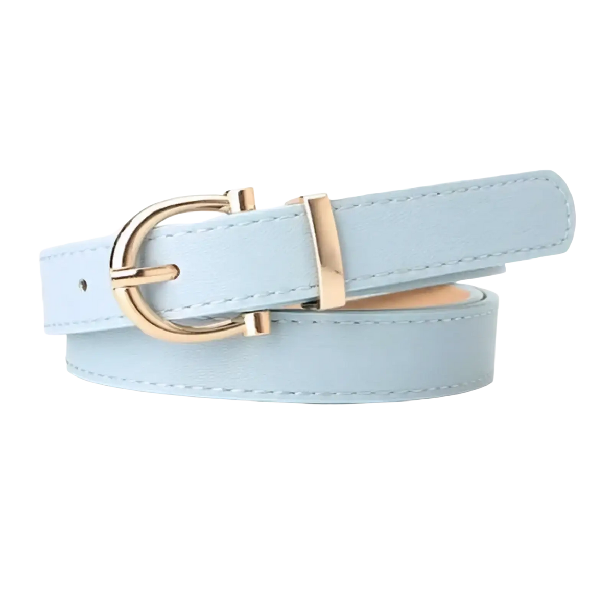 Light blue pu leather women belt with a gold-toned d-ring buckle for stylish waist cinching