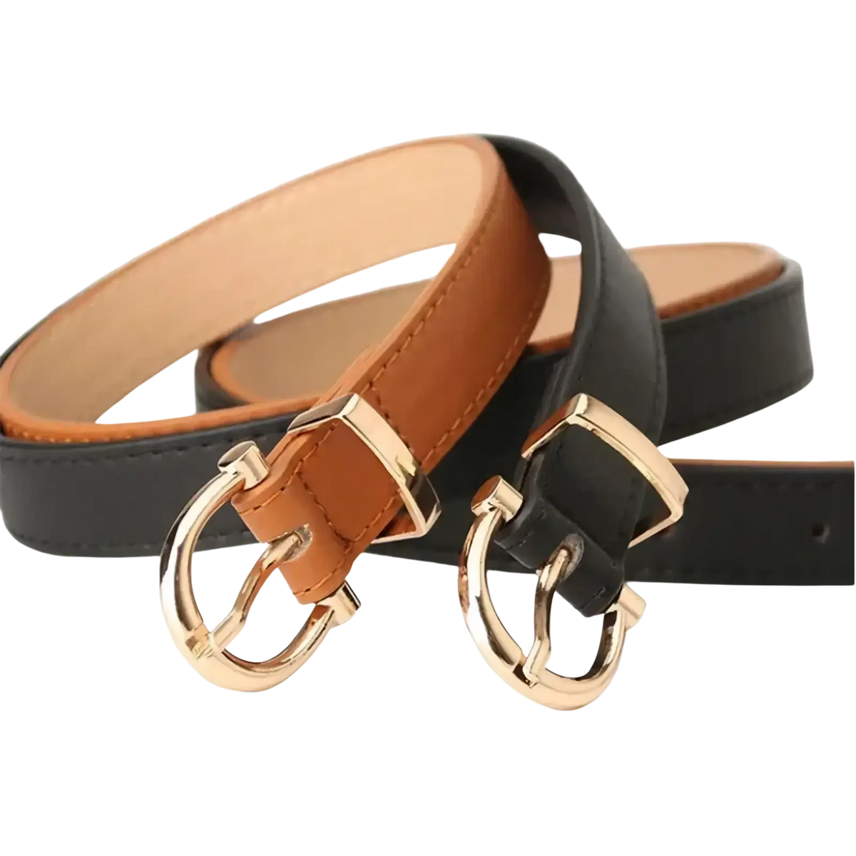 A pair of women pu leather belts in tan and black with gold-toned buckle featuring horsebit design