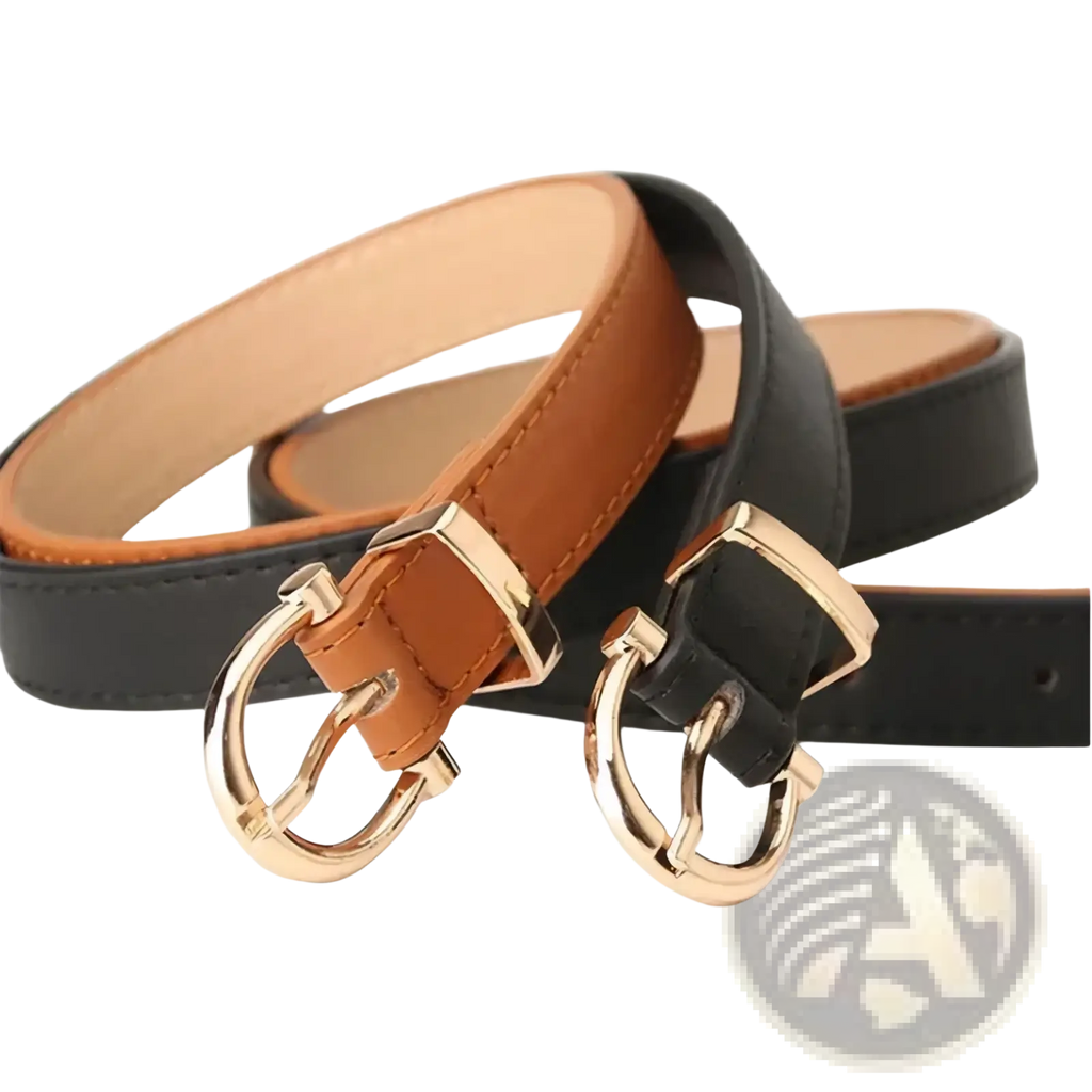 A pair of slim women pu leather belts in tan and black with gold-toned horsebit buckles waistband