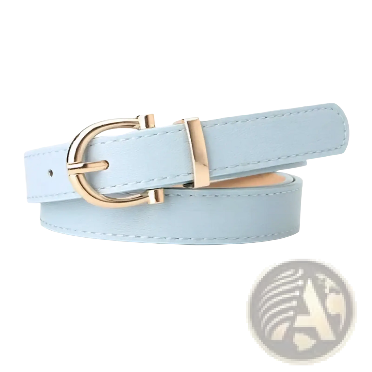 Light blue pu leather women belt with a gold-toned d-ring buckle for stylish waist cinching