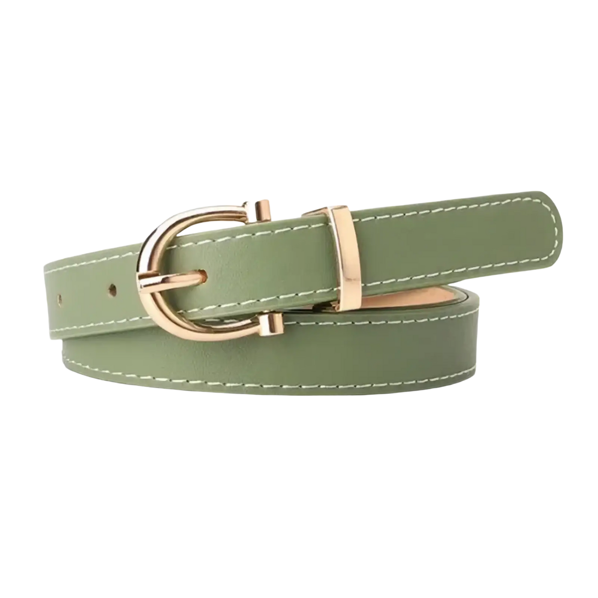 Women pu leather belt in olive green with rose gold buckle and contrasting white stitching for stylish waistwear